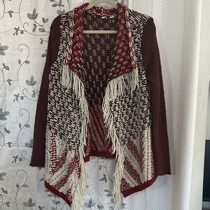 Anthropologie by Moth Red/Orange and Cream Cardigan with Fringe